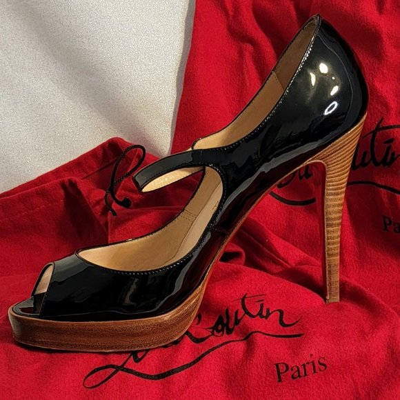 CHRISTIAN LOUBOUTIN Black Patent Leather Zeppa Mary Jane Peep Toe Pumps  39 - Picture 5 of 13